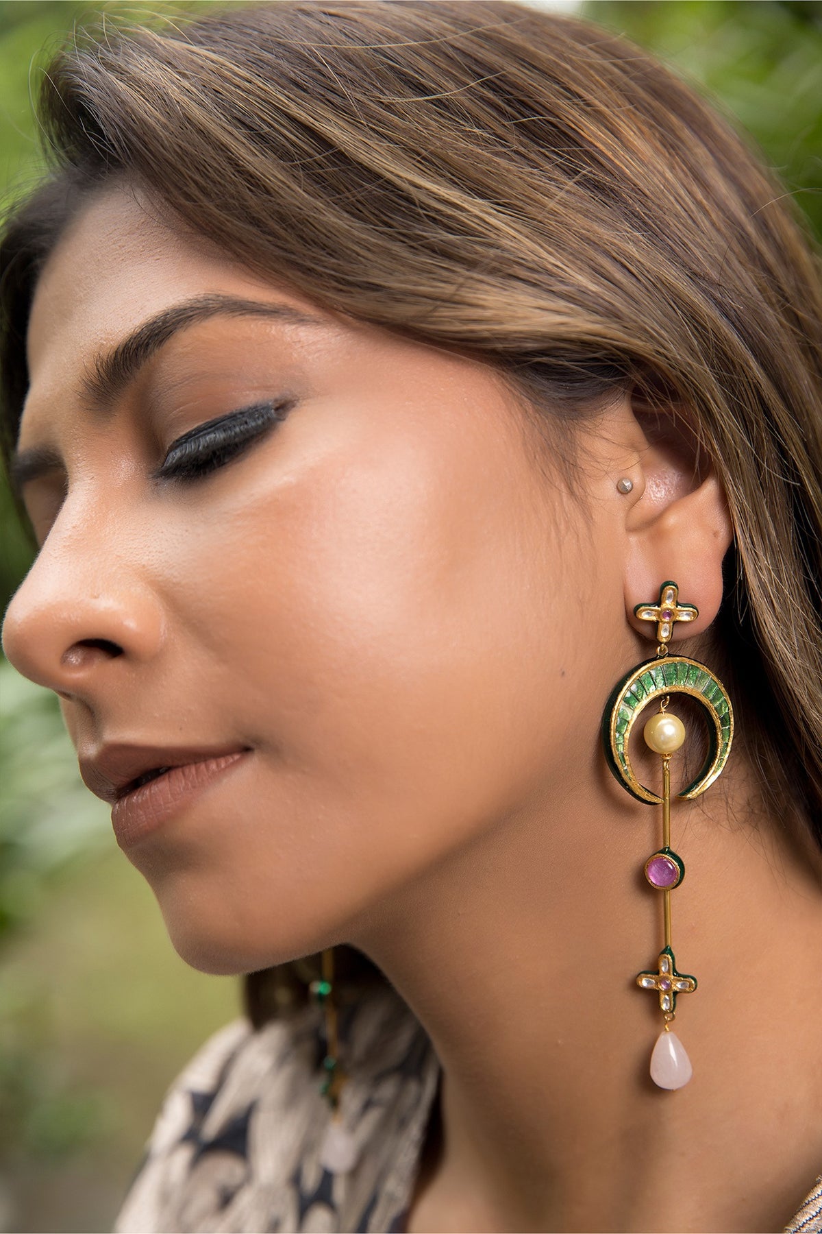 14kt Yellow Gold 24kt Natural Ruby & Emerald Polki Dangler Earrings