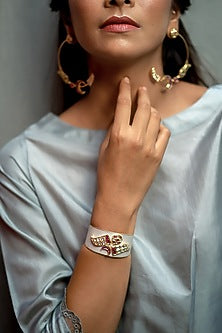 14kt White Gold 24kt Natural Polki Diamond & Natural Ruby Cuff In Sterling Silver