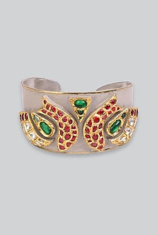 14kt White Gold 24kt Natural Ruby & Emerald Polki Cuff In Sterling Silver