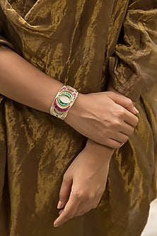 14kt White Gold 24kt Natural Ruby & Emerald Polki Cuff In Sterling Silver