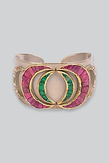 14kt White Gold 24kt Natural Ruby & Emerald Polki Cuff In Sterling Silver