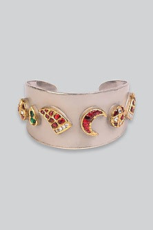 14kt White Gold 24kt Natural Ruby & Emerald Polki Cuff In Sterling Silver