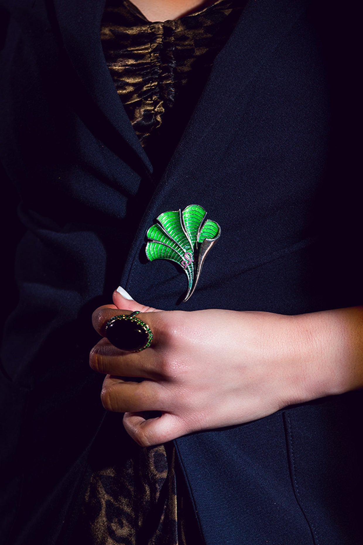 White Gold Plated Enameled Brooch In Recycled Sterling Silver