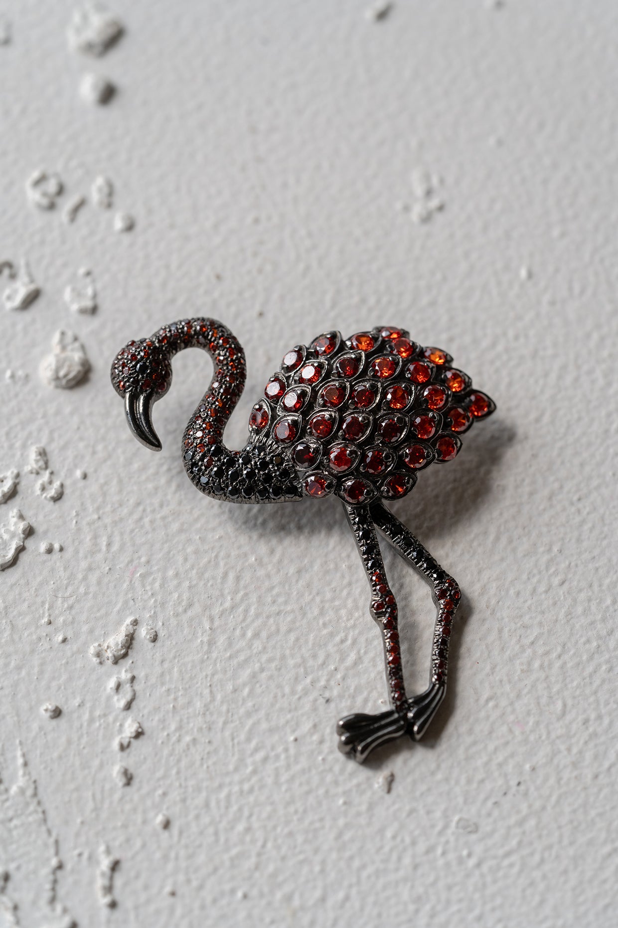 Ruthenium Finish Garnet Flamingo Brooch In Recycled Sterling Silver