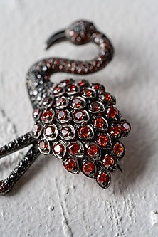 Ruthenium Finish Garnet Flamingo Brooch In Recycled Sterling Silver