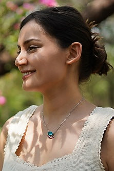 White Finish Turquoise Stone & CZ Evil Eye Necklace In Sterling Silver