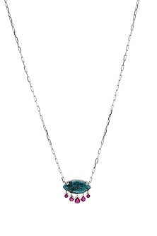 White Finish Turquoise Stone & CZ Evil Eye Necklace In Sterling Silver