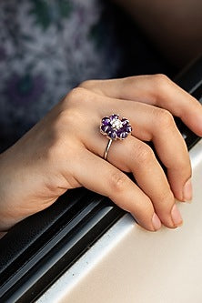 White Finish Purple Amethyst & CZ Floral Ring In Sterling Silver