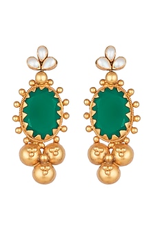 Antique Gold Finish Green Onyx Stone & Pearl Earrings