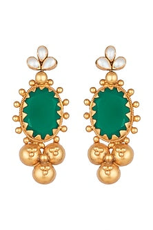 Antique Gold Finish Green Onyx Stone & Pearl Earrings