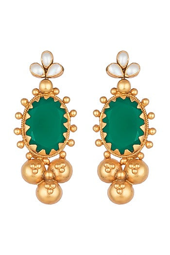 Antique Gold Finish Green Onyx Stone & Pearl Earrings