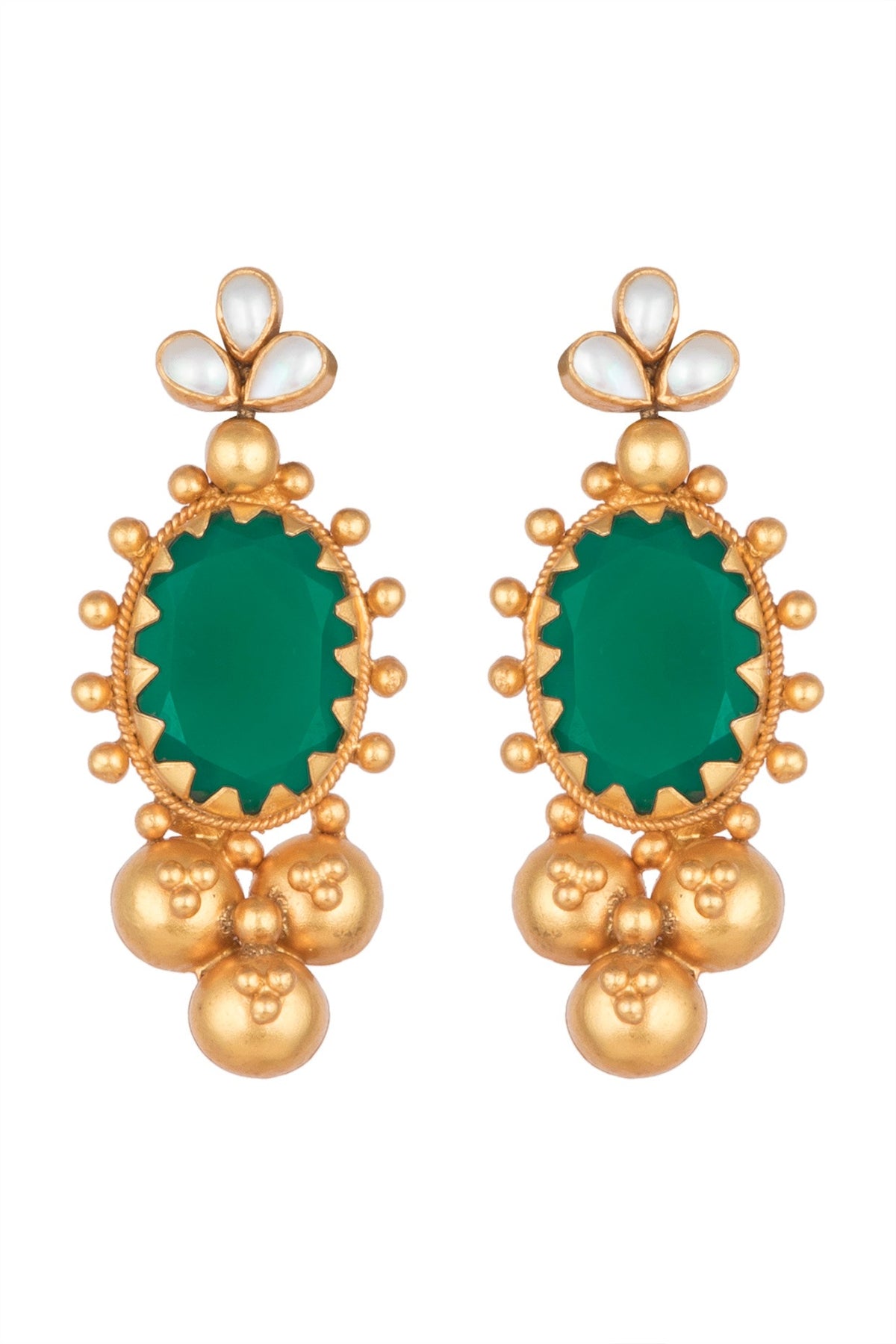 Antique Gold Finish Green Onyx Stone & Pearl Earrings