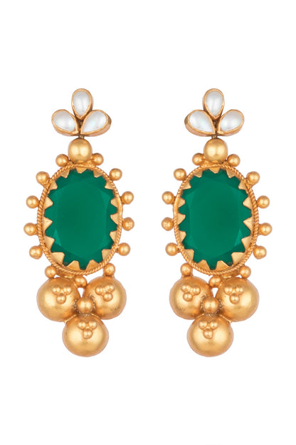 Antique Gold Finish Green Onyx Stone & Pearl Earrings