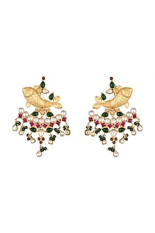 Gold Finish Kundan & Pearl Fish Earrings