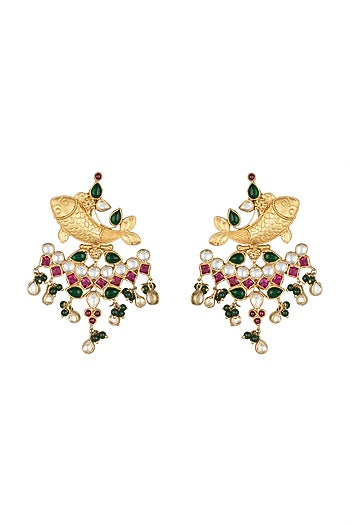 Gold Finish Kundan & Pearl Fish Earrings