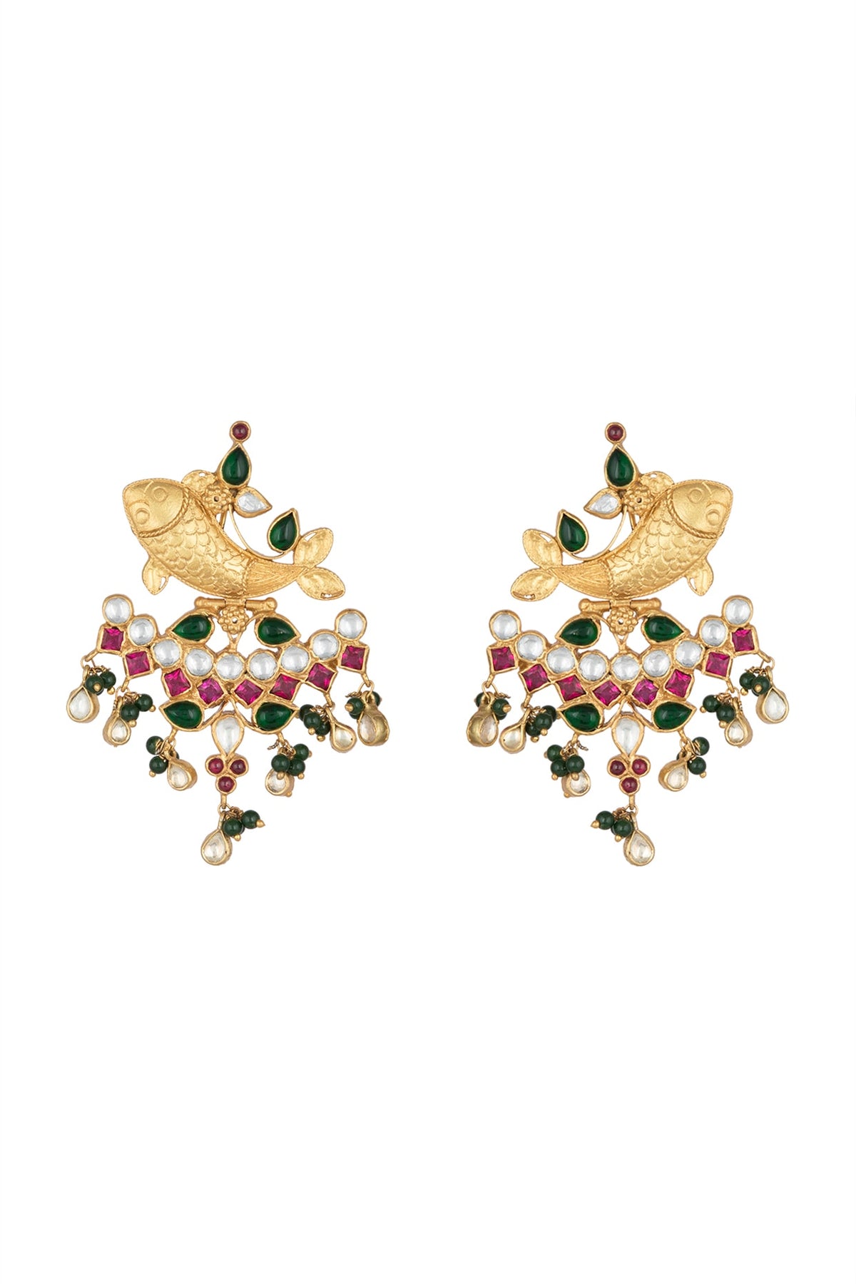 Gold Finish Kundan & Pearl Fish Earrings