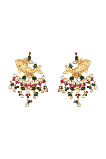 Gold Finish Kundan & Pearl Fish Earrings