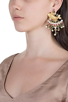 Gold Finish Kundan & Pearl Fish Earrings