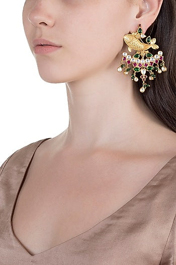 Gold Finish Kundan & Pearl Fish Earrings