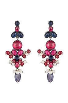 Oxidised Silver Finish Kundan, Pink & Blue Earrings