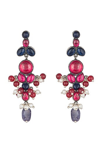 Oxidised Silver Finish Kundan, Pink & Blue Earrings