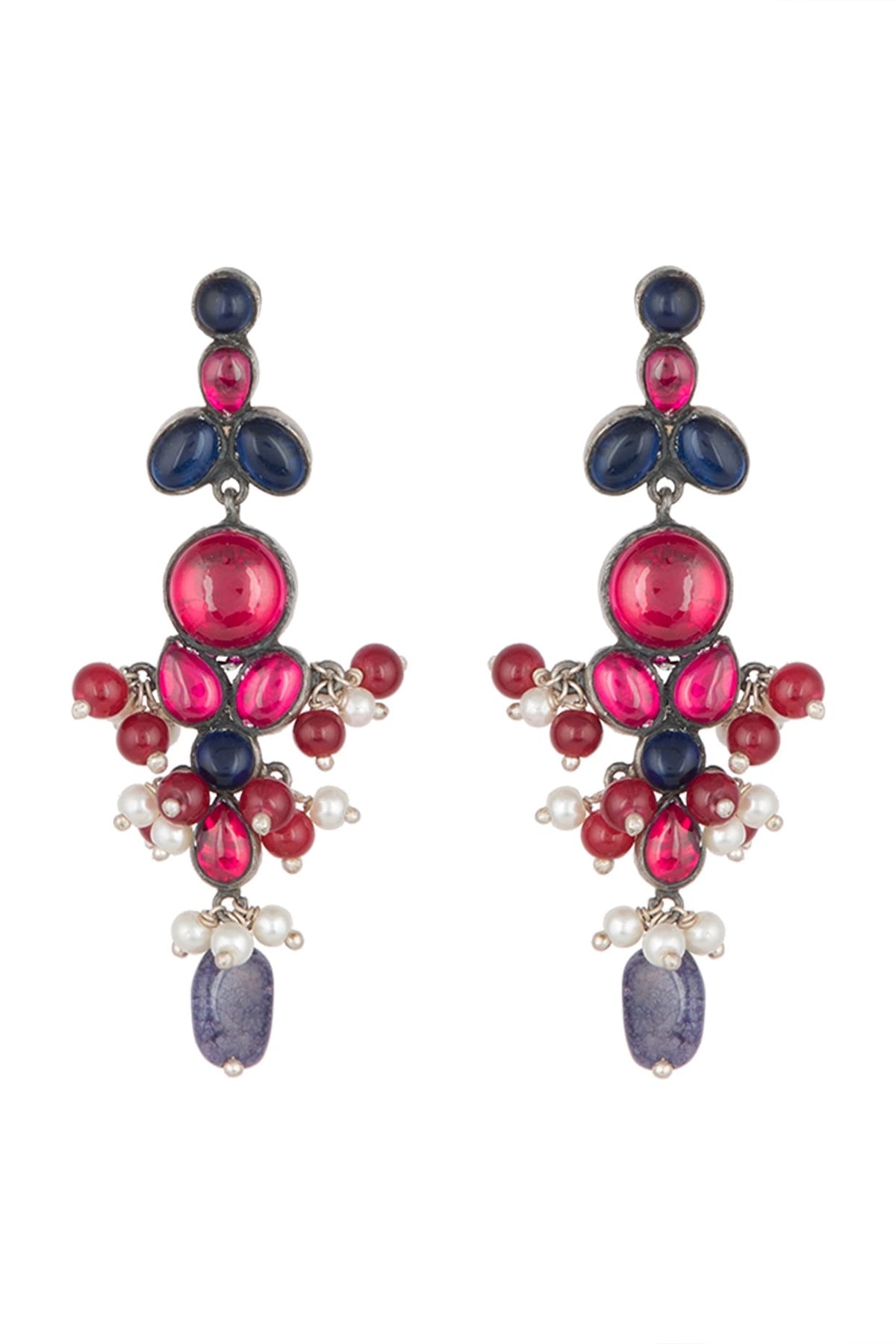 Oxidised Silver Finish Kundan, Pink & Blue Earrings