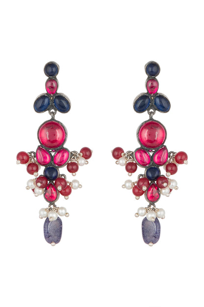Oxidised Silver Finish Kundan, Pink & Blue Earrings