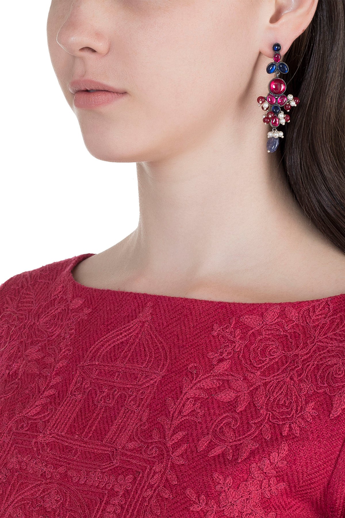 Oxidised Silver Finish Kundan, Pink & Blue Earrings