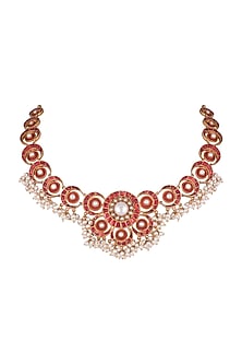 Antique Gold Finish Kundan & Pearl Red Moon Necklace