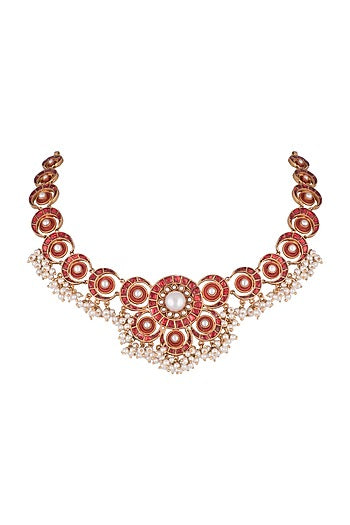Antique Gold Finish Kundan & Pearl Red Moon Necklace