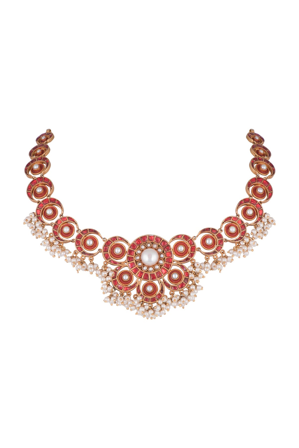 Antique Gold Finish Kundan & Pearl Red Moon Necklace