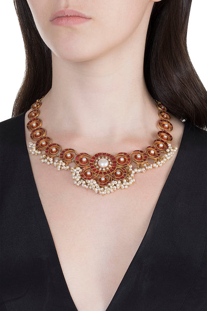 Antique Gold Finish Kundan & Pearl Red Moon Necklace