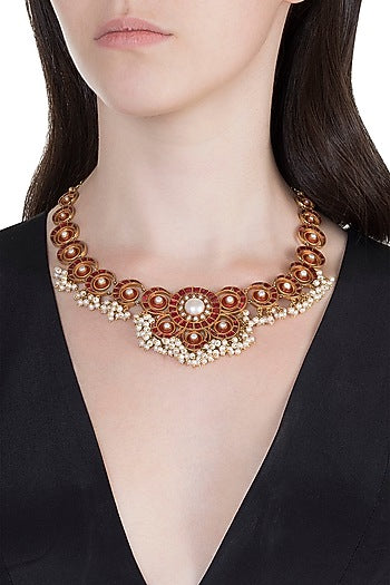 Antique Gold Finish Kundan & Pearl Red Moon Necklace