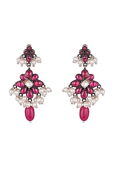 Oxidised Silver Finish Pink Floral Earrings