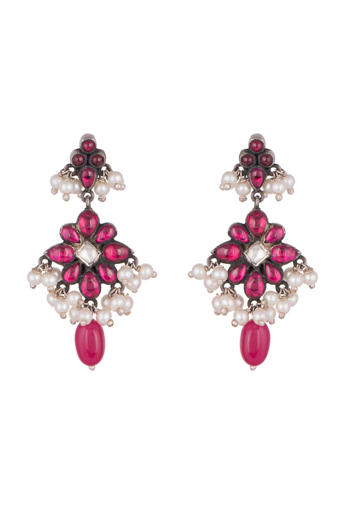 Oxidised Silver Finish Pink Floral Earrings