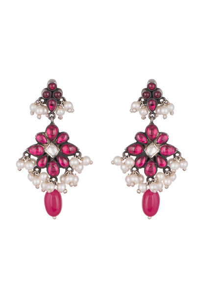 Oxidised Silver Finish Pink Floral Earrings