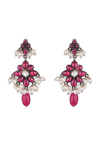 Oxidised Silver Finish Pink Floral Earrings