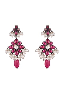 Oxidised Silver Finish Pink Floral Earrings