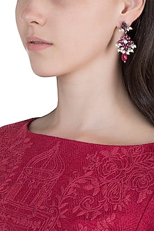 Oxidised Silver Finish Pink Floral Earrings