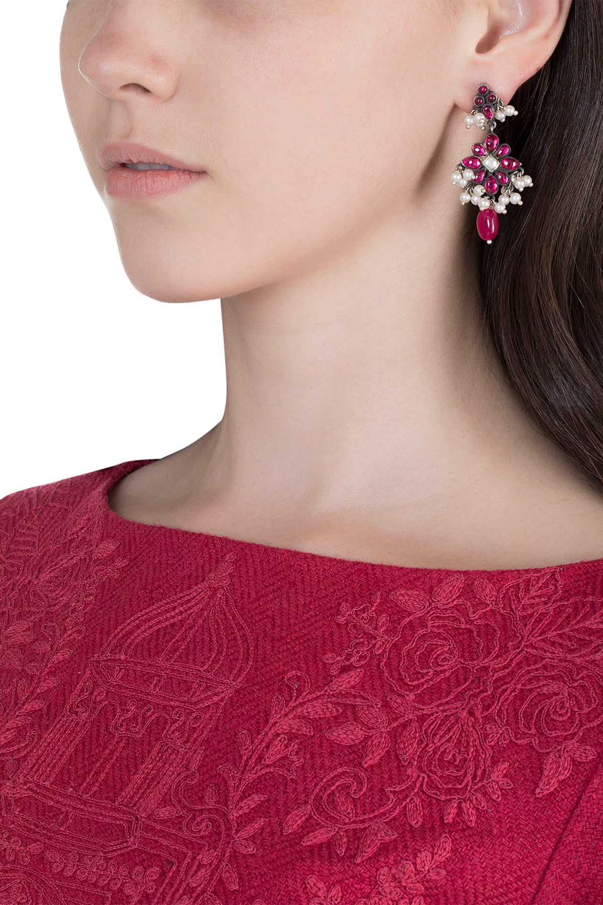 Oxidised Silver Finish Pink Floral Earrings