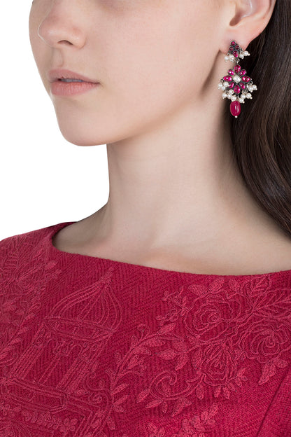 Oxidised Silver Finish Pink Floral Earrings