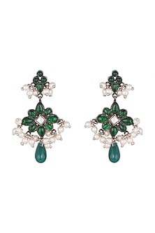 Oxidised Silver Finish Green Stone Floral Earrings
