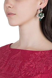 Oxidised Silver Finish Green Stone Floral Earrings