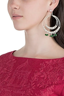Oxidised Silver Finish Green Stone & Kundan Earrings