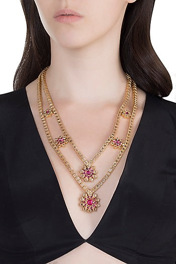 Gold Finish Polki Double Necklace