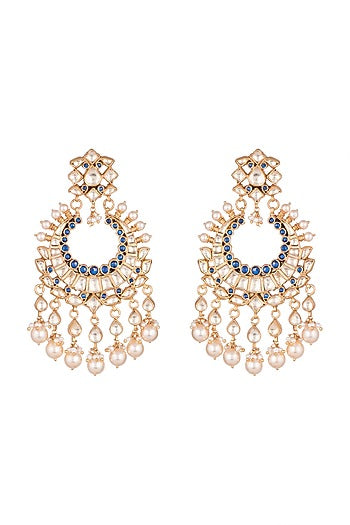 Gold Finish Blue Zircon & Pearl Chandbali Earrings
