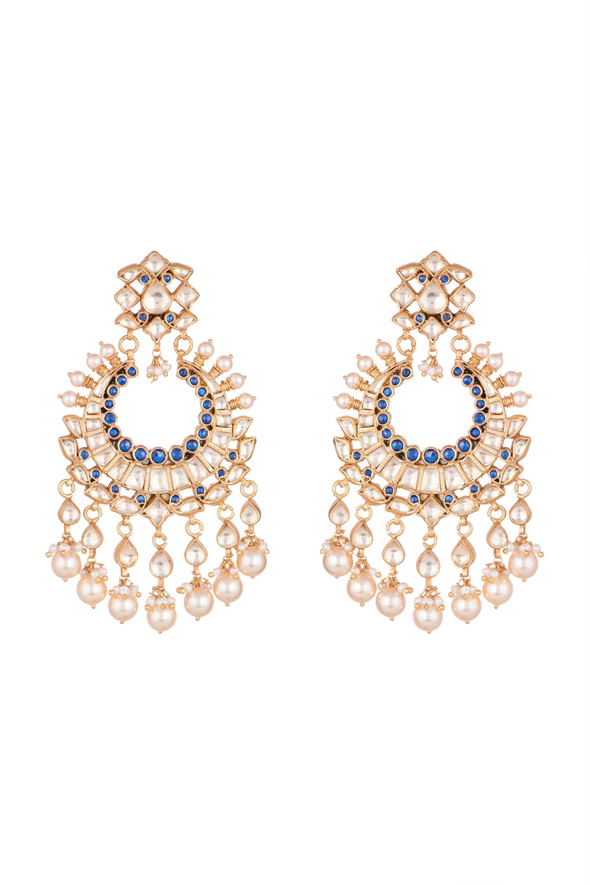 Gold Finish Blue Zircon & Pearl Chandbali Earrings