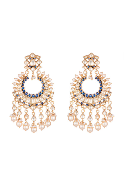 Gold Finish Blue Zircon & Pearl Chandbali Earrings