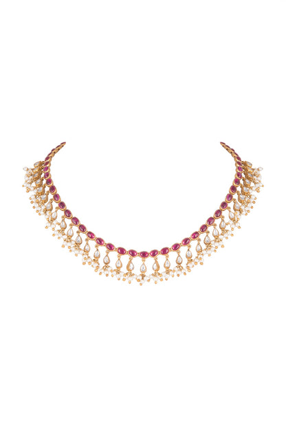 Gold Plated Pearls & Red Quartz Necklace