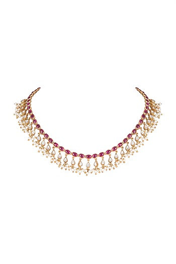 Gold Plated Pearls & Red Quartz Necklace